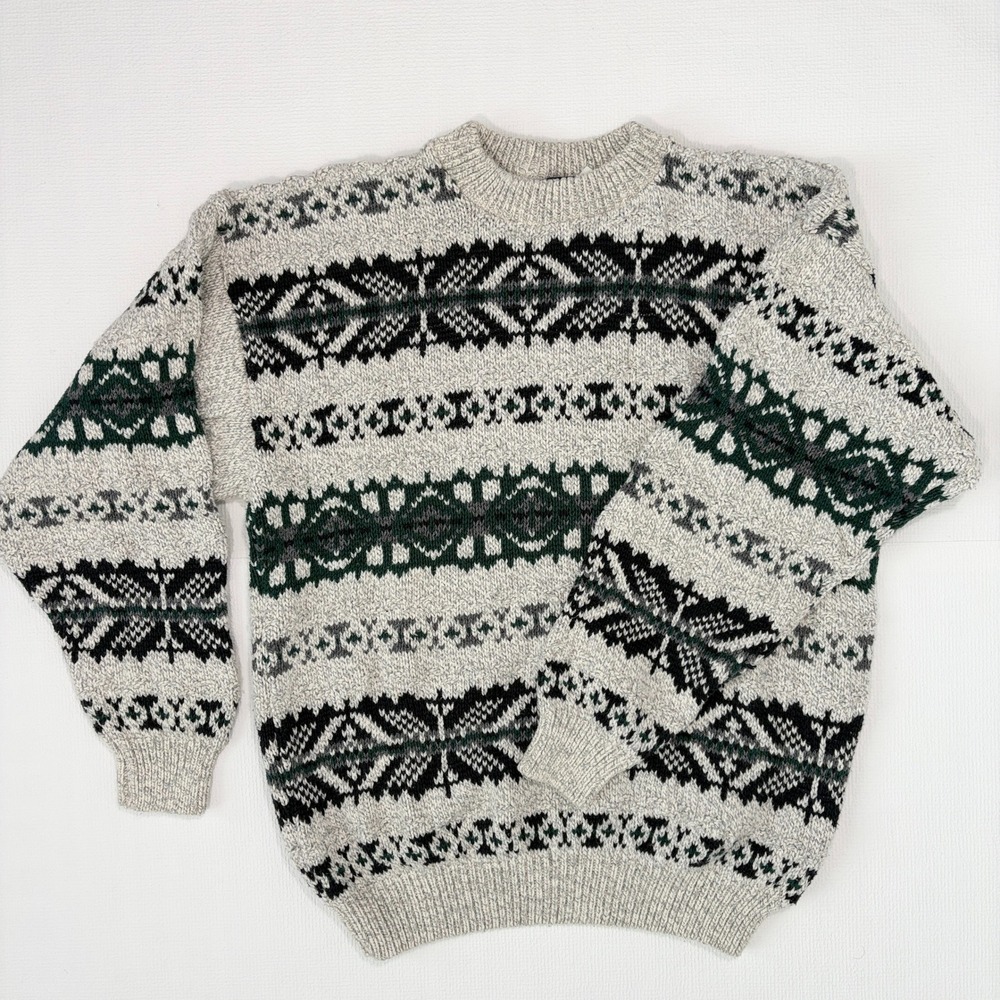Fair Isle VTG Sweater Cotton Knit Large Grey Black Green - Picture 5 of 8